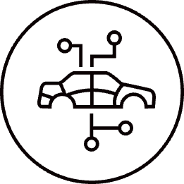 Icon of a car silhouette with connected lines and nodes inside a circle, symbolizing automotive technology or smart car systems.
