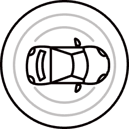 A dark icon of a car viewed from above, centered within circular radar-like lines, symbolizing vehicle sensing or autonomous driving technology.