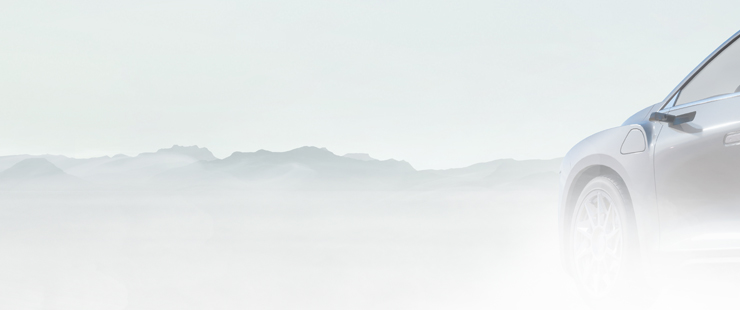 orderseite eines grauen Fahrzeugs auf der Fahrerseite mit Nebel und Gebirgslandschaft im Hintergrund