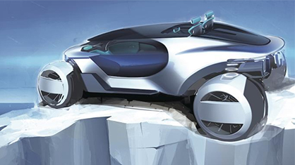 Futuristic off-road vehicle with large, enclosed wheels and a sleek, aerodynamic design positioned on a rocky surface.