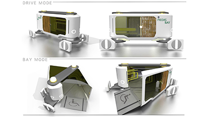 Concept design of a mobile medical unit showing different modes and accessibility features