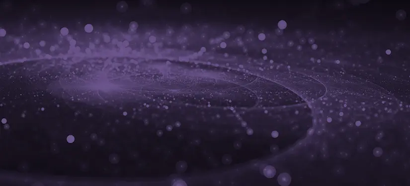 Abstract purple cosmic background with swirling light particles and circular patterns