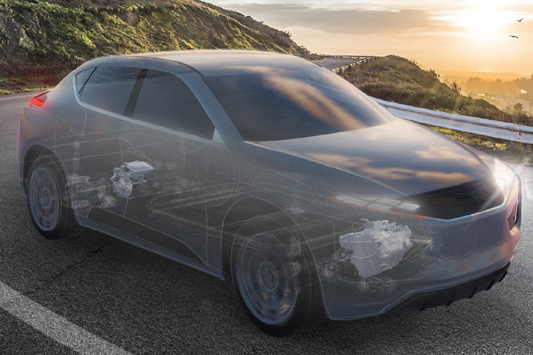 Ghosted grey vehicle driving along a road with grassy mountains showing the powertrain systems