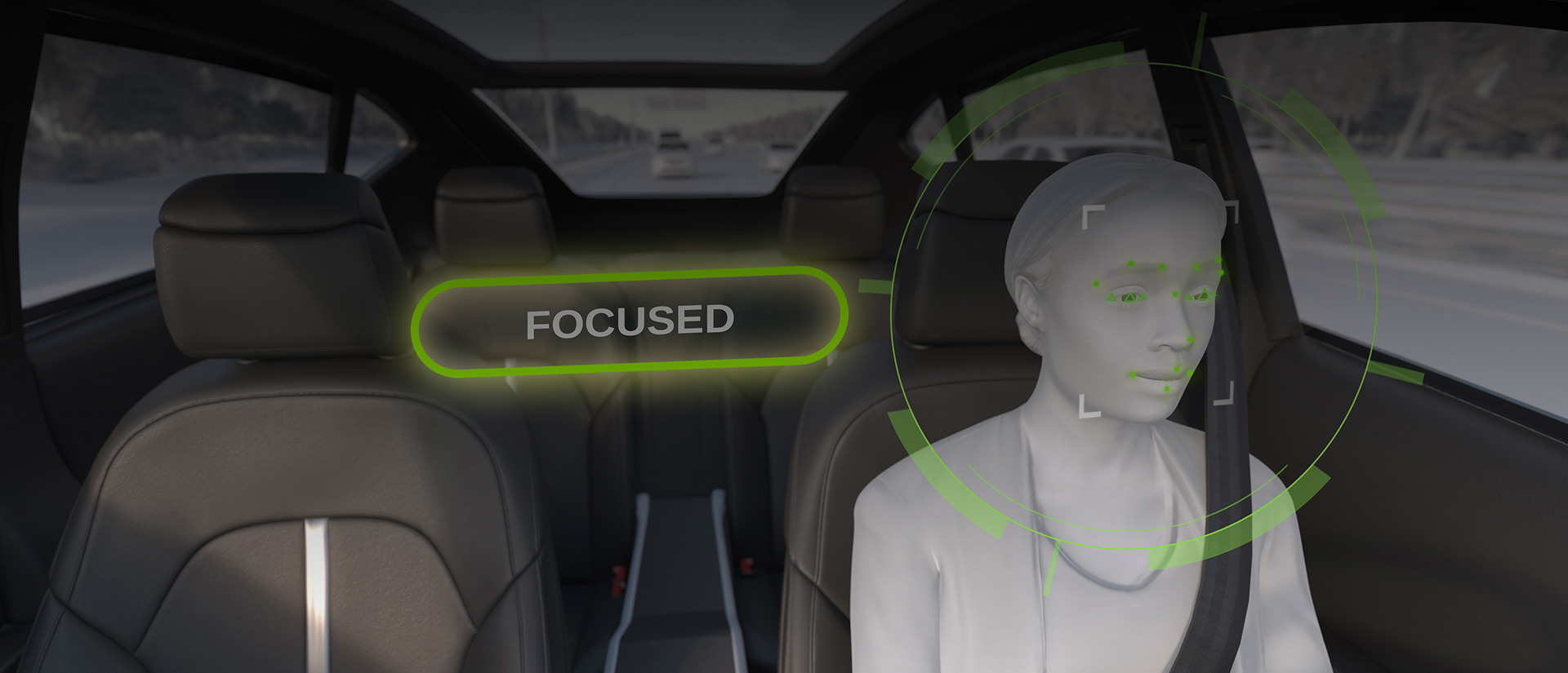 Animation of person driving a vehicle with the driver monitoring system showing the driver is focused.