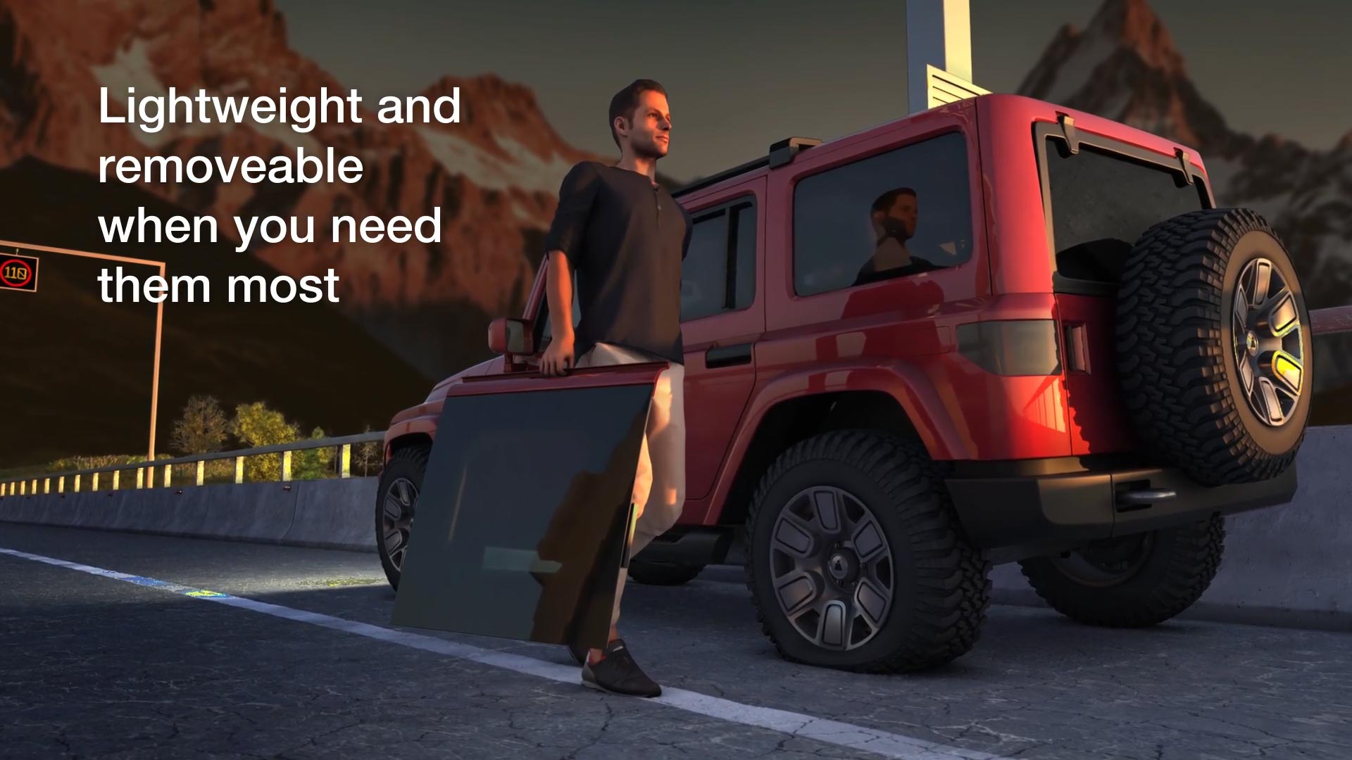 Person carrying Thermoplastic Roof Panel from a vehicle to use as a safety measure while changing a flat tire