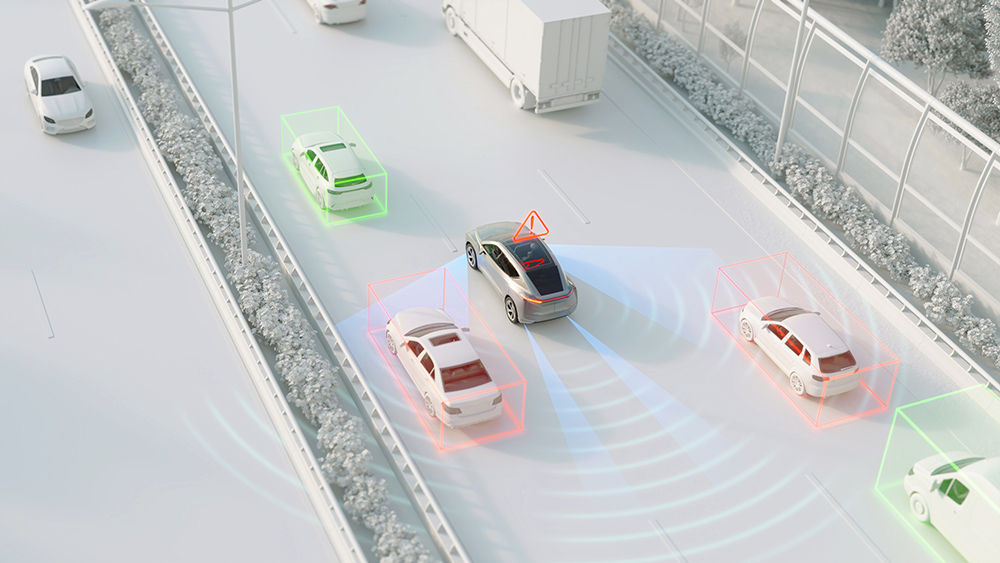 Illustration of autonomous driving car detecting surrounding vehicles with sensor visualization on a highway