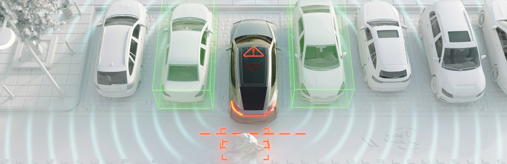 Draufsicht eines Auto-Parksystems mit Sensorvisualisierungen