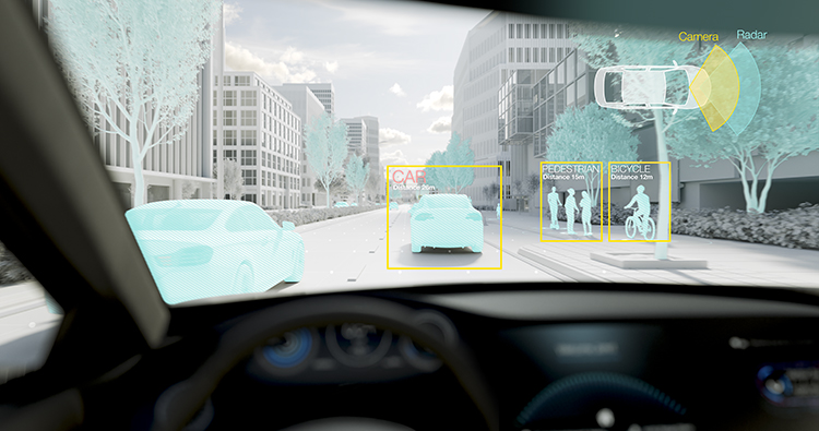 ADAS_Story_TN-05 Radar and camera technology indicating obstacles while a vehicle is driving along a road