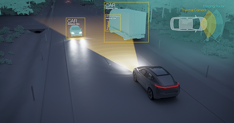 Animation of vehicle illustrating thermal radar to find objects in the vehicle's path