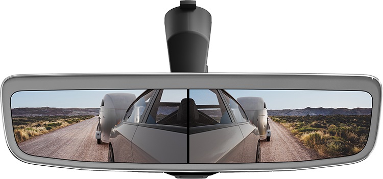 Interior mirror showing dual camera view of trailer from back camera using Magna ClearView technology