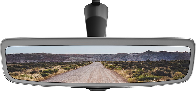 Interior mirror showing single camera view back camera using Magna ClearView technology