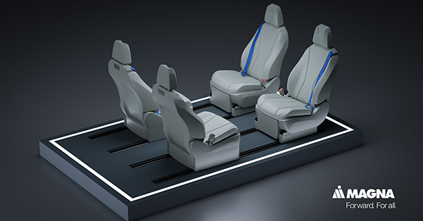 Magna’s reconfigurable seating system offers flexibility for more in-cabin space