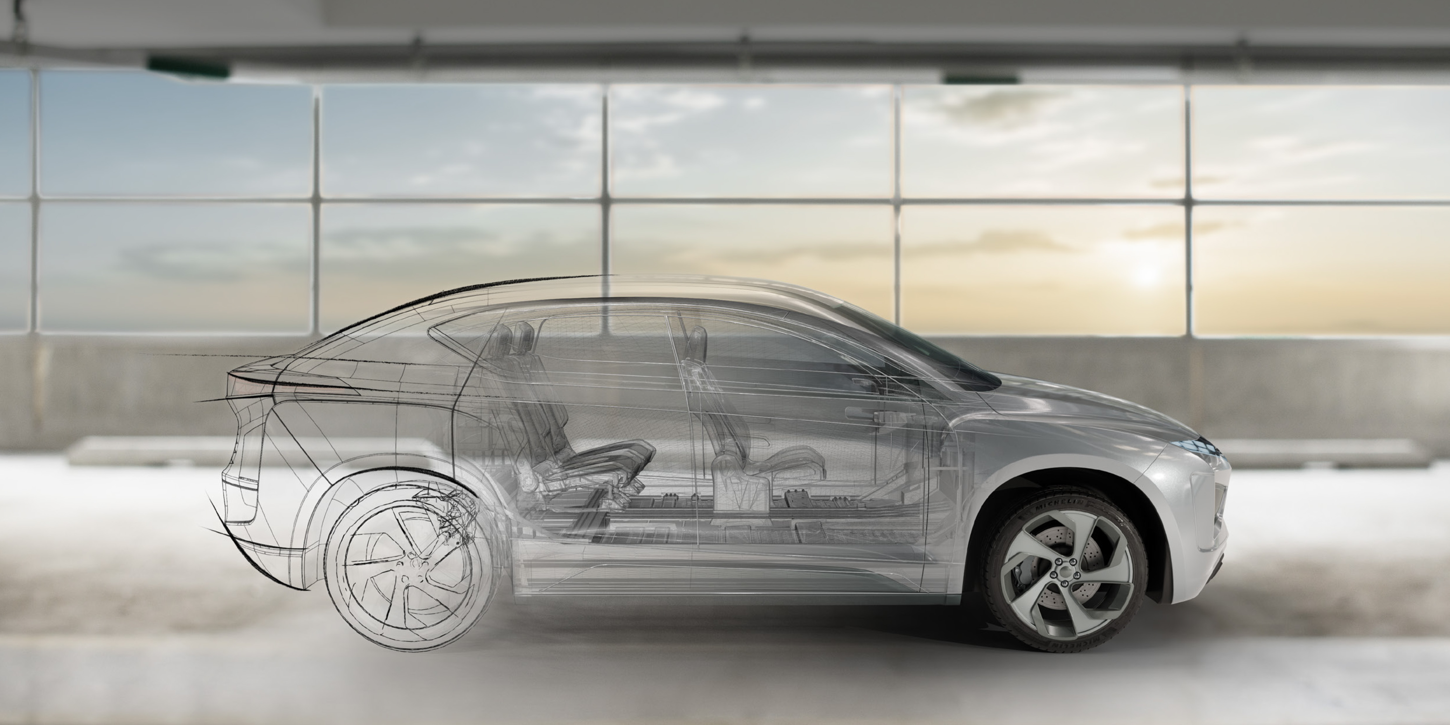 Side view of a car with transparent overlay showing interior seats and structural design