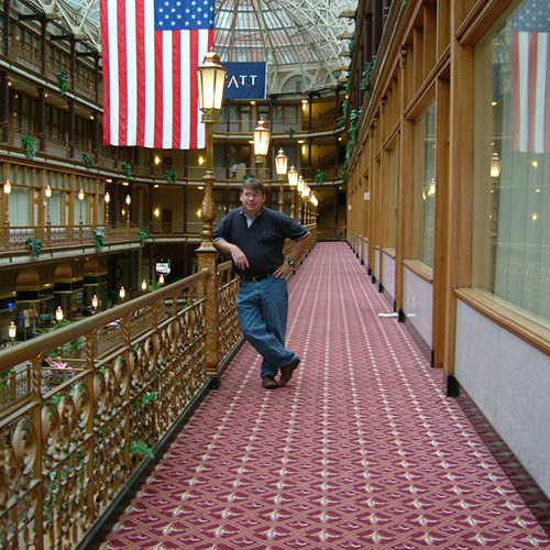 Doug Plester standing in a hallway in a building in Cleveland, Ohio, USA