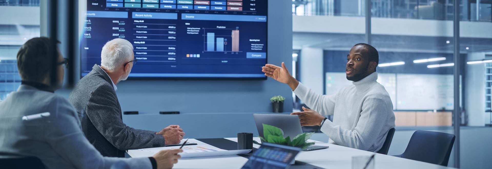 man presenting calculations to investors