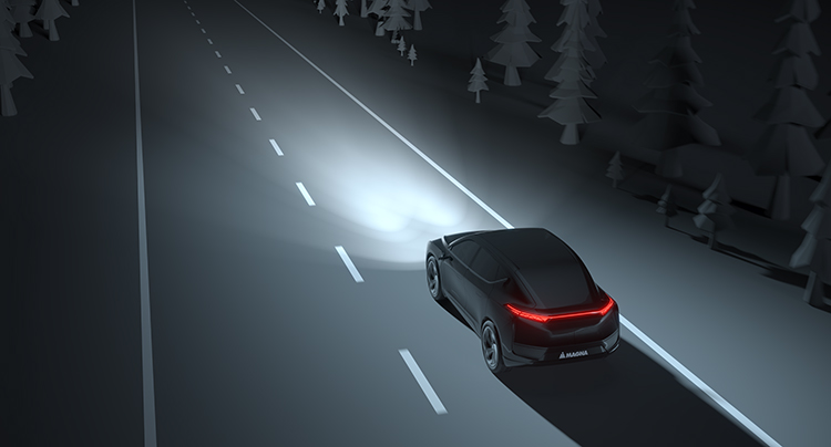 Animation of a car driving on the road at night with headlights on