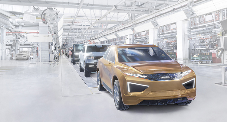 Cars moving along an assembly line