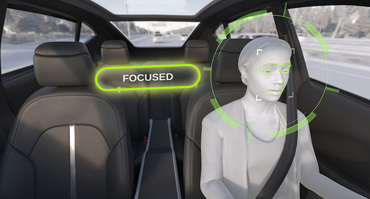 Animation of a person driving a vehicle showing driver monitoring system indicating that the driver is focused on driving