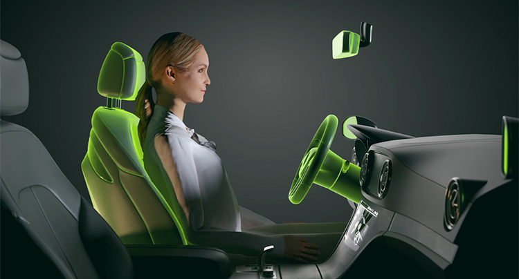 Animation of person sitting behind the steering wheel of a vehicle with an interior mirror with driver memory
