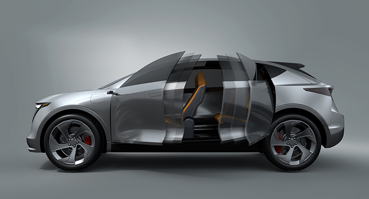 Rendering of vehicle with front and rear doors opening without separation