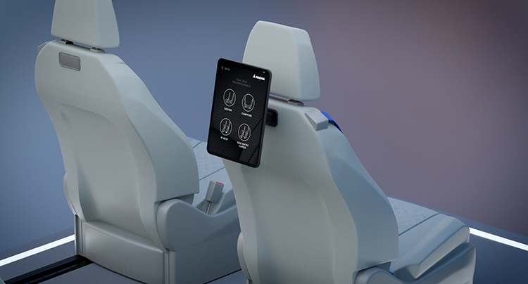 Rendering of two vehicle seats with an iPad attached to the back of one of the seats