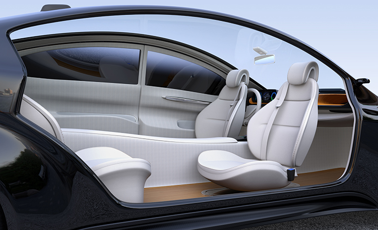 Futuristic car interior with sleek design, open doors, and white, intelligent seating. Calm, minimalistic vibe with light wood accents and curved lines.