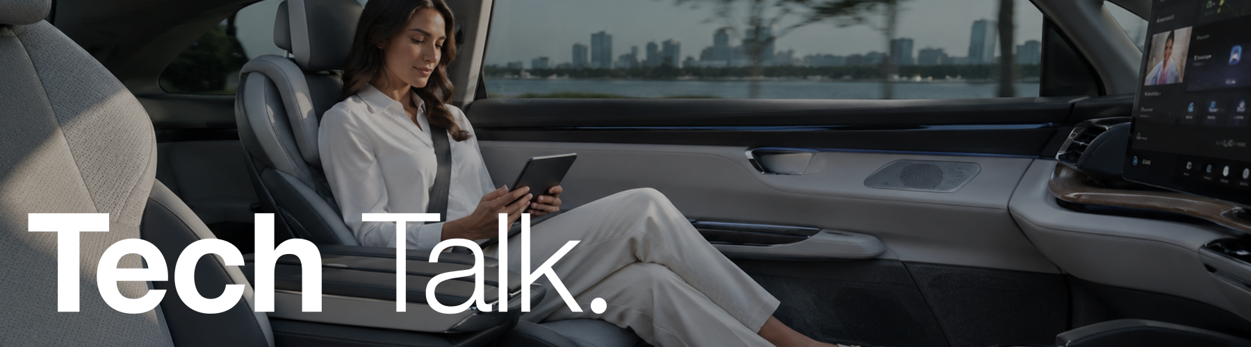 Close-up of a person driving a car with advanced navigation on a screen, displaying 3D maps. The scene is overlaid with "Tech Talk" text, indicating a focus on technology.