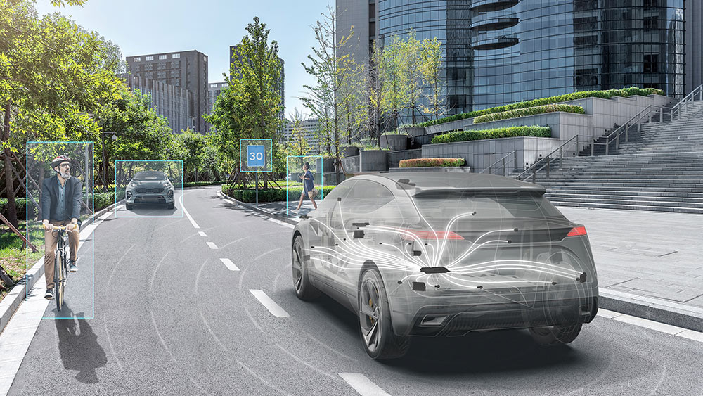 Ghosted vehicle driving along a road with location of sensors in the vehicle and the obstacles indicated in the vehicle's path