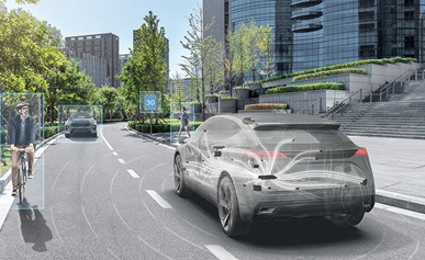 Ghosted vehicle driving along a road with location of sensors in the vehicle and the obstacles indicated in the vehicle's path